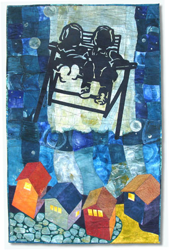 “Flight of the Magical Lawnchair” Textile Collage/Art Quilt, 29.5” x 46” by artist Bobbi Baugh. See her portfolio by visiting www.ArtsyShark.com