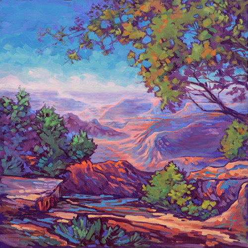 "Call of the Canyon" Oil on Linen, 24" x 24" by artist Leanne Fink. See her portfolio by visiting www.ArtsyShark.com