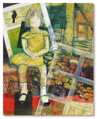 “Off Kilter” Textile Collage/Art Quilt, 34” x 42” by artist Bobbi Baugh. See her portfolio by visiting www.ArtsyShark.com