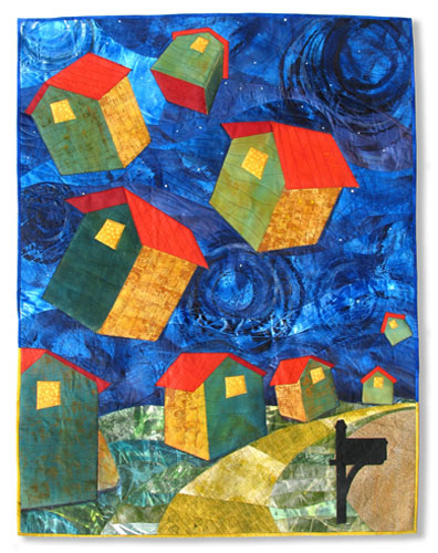 “What if One Day all the Houses Fly Away” Textile Collage/Art Quilt, 38” x 50” by artist Bobbi Baugh. See her portfolio by visiting www.ArtsyShark.com