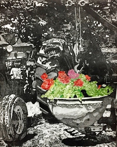 "Geraniums and Tractor" Color Aquatint, 11" x 14" by artist Dale Klein. See her portfolio by visiting www.ArtsyShark.com