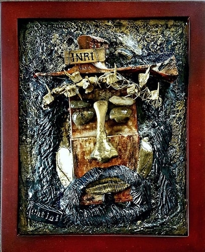 "Jesus" (Sculpainting Series) Wire, Fishbones, Stones, Wood, Oils and Acrylic on Canvas, 9" x 11" by artist Pierpaolo Catini. See his portfolio by visiting www.ArtsyShark.com