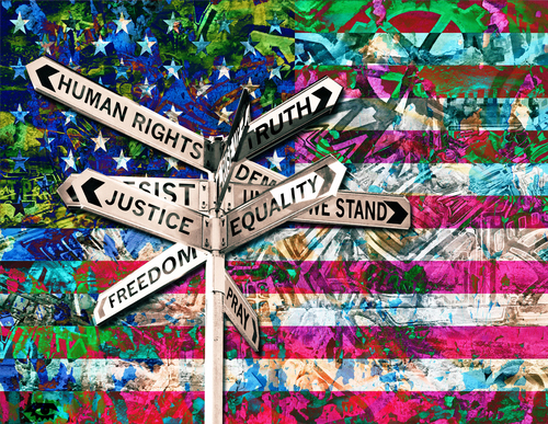 “Justice + Equality” Digital Collagraph, 40” x 30” by artist Joanie Landau. See her portfolio by visiting www.ArtsyShark.com