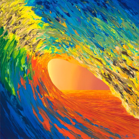 Painting of a colorful wave by Thomas Deir. 