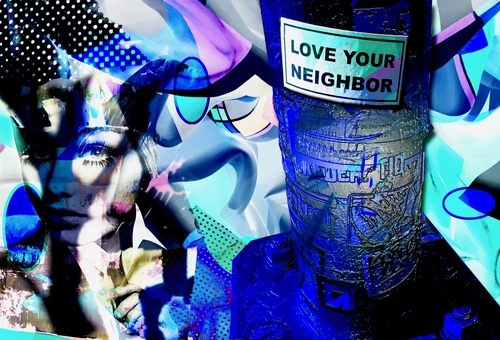 “Love Your Neighbor” Digital Collagraph, 55” x 41” by artist Joanie Landau. See her portfolio by visiting www.ArtsyShark.com