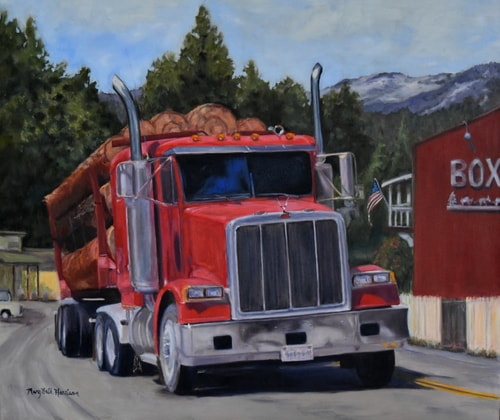 "Red Logger" Oil, 24" x 20" by artist Mary Beth Harrison. See her portfolio by visiting www.ArtsyShark.com