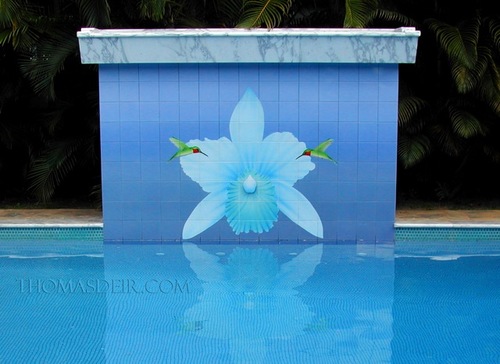 Orchid Pool Waterfall Wall Tile Mural by Thomas Deir. 