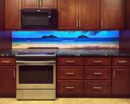 "Paradise Rainbow" Kitchen Backsplash tile mural by Thomas Deir. 