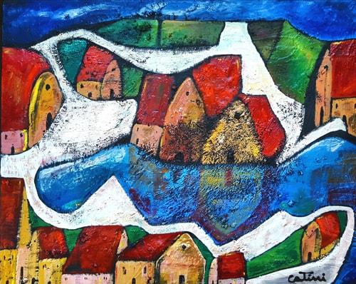 "Red Roof by the Lake" (Maderi Catini Series) Mixed Media on Canvas, 30" x 24" by artist Pierpaolo Catini. See his portfolio by visiting www.ArtsyShark.com