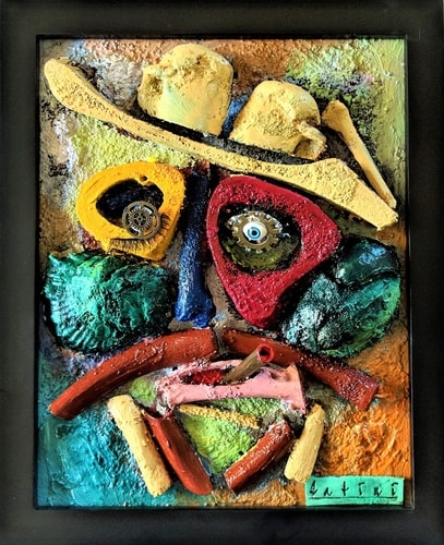 "The Cowboy Dead & Bones" (Sculpainting) Mixed Media on Canvas, Framed, 9" x 11" by artist Pierpaolo Catini. See his portfolio by visiting www.ArtsyShark.com