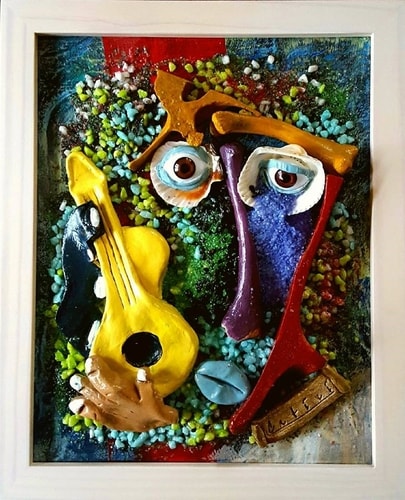 "The Guitarist Funky & Colors" (Sculpainting Series) Clay, Shells, Plastic, Stones and Acrylic on Canvas, 9" x 11" by artist Pierpaolo Catini. See his portfolio by visiting www.ArtsyShark.com