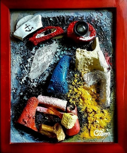 "The Sailor Stones & Bones" (Sculpainting Series) Clay, Stones, Bones, Wood, Camera Lens, Plastic, Iron and Acrylics on Canvas, 9" x 11" by artist Pierpaolo Catini. See his portfolio by visiting www.ArtsyShark.com