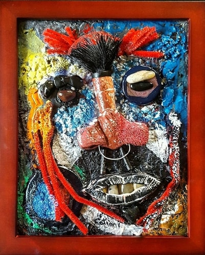 "The Warrior Indian & Mohican" (Sculpainting Series) Clay, Wire, Brushes, Plastic, Pipe Cleaners, Stones, Oils and Acrylic on Canvas, 9" x 11" by artist Pierpaolo Catini. See his portfolio by visiting www.ArtsyShark.com