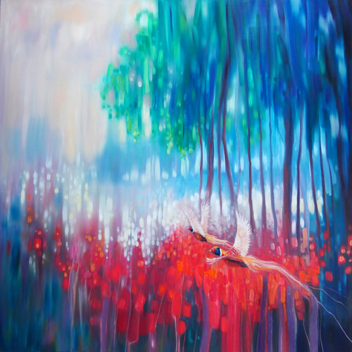 "Shimmering Summer" Oil, 40" x 40" by artist Gill Bustamante. See her portfolio by visiting www.ArtsyShark.com