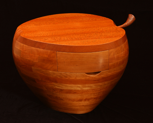 "Apple Side Table" Lacewood and Cherry, 21" x 33" x 28" by artist Mark Levin. See his portfolio by visiting www.ArtsyShark.com
