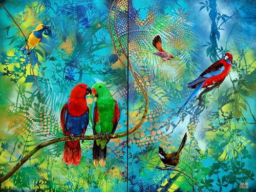 “Come Fly with Me” (Diptych) Aerosol and Oil on Canvas, Overall size 120cm x 91cm by artist Susan Skuse. See her portfolio by visiting www.ArtsyShark.com