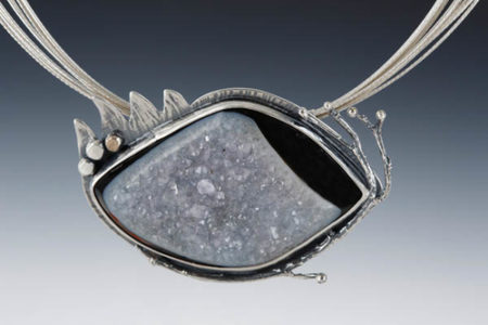 “Druzy Snail Pendant” Druzy Quartz, Cast Sterling Silver, Sterling Silver and 14 kt Gold, 2.5” x 1.5” x .25” by artist Dawn Middleton. See her portfolio by visiting www.ArtsyShark.com