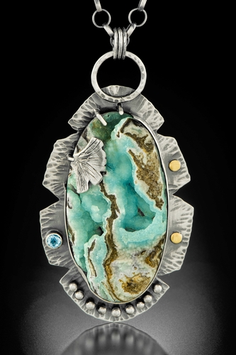 “Glacial Druzy” Hemimorphite Druzy, Aquamarine, Sterling Silver and 18 kt Gold, 1.25" x 2.25" x .5" by artist Dawn Middleton. See her portfolio by visiting www.ArtsyShark.com