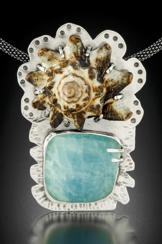“Lady of the Deep” Kings Crown Shell, Raw Faceted Aquamarine and Sterling Silver, 2" x 3" x .5" by artist Dawn Middleton. See her portfolio by visiting www.ArtsyShark.com