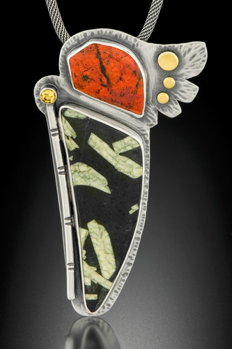 “Medicine Woman” Chinese Writing Stone, Sonora Sunrise Jasper, Citrine, Sterling Silver and 18 kt Gold, 1.5" x 2.5" x .25" by artist Dawn Middleton. See her portfolio by visiting www.ArtsyShark.com