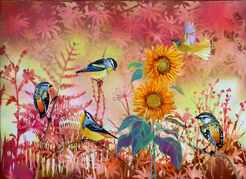 “Pardalotes” Aerosol and Oil on Canvas, 61cm x 51cm by artist Susan Skuse. See her portfolio by visiting www.ArtsyShark.com