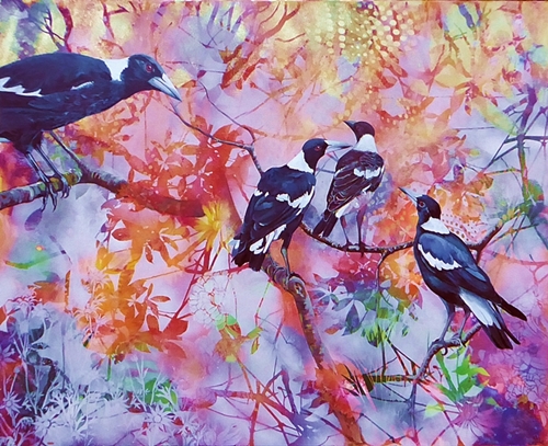 “We Are Family” (Australian Magpies) Lithographic Ink, Aerosol and Oil on Canvas, 101cm x 80cm by artist Susan Skuse. See her portfolio by visiting www.ArtsyShark.com