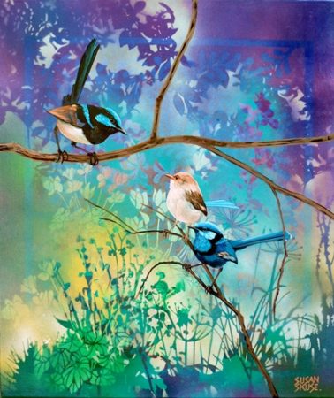“Wrensday Morning #1” (Superb and Splendid Fairy Wrens) Aerosol and Oil on Canvas, 51cm x 61cm by artist Susan Skuse. See her portfolio by visiting www.ArtsyShark.com