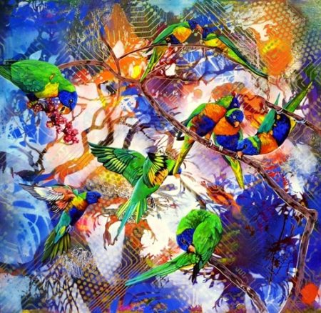 “Connectivity” (Rainbow Lorikeets) Lithographic Ink, Aerosol and Oil on Canvas, 91cm x 91cm by artist Susan Skuse. See her portfolio by visiting www.ArtsyShark.com