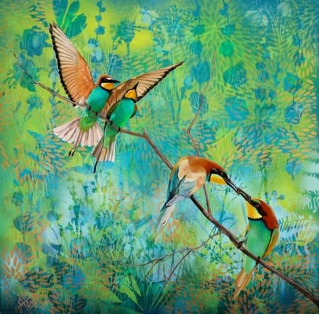 “Double Date” (Rainbow Bee Eaters) Aerosol and Oil on Canvas, 60cm x 60cm by artist Susan Skuse. See her portfolio by visiting www.ArtsyShark.com