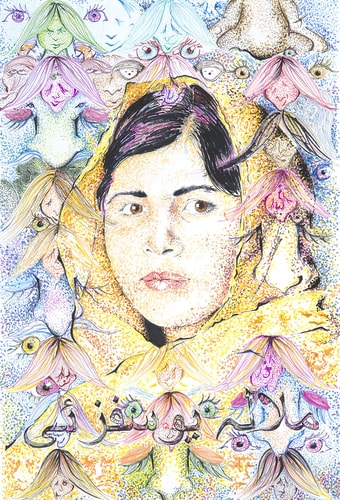 "Malala" Pen and Ink on Paper, 20" x 28" by artist Doug Johnson. See his portfolio by visiting www.ArtsyShark.com