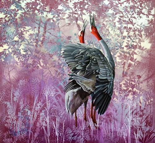 “Duet” (Sarus Cranes) Aerosol and Oil on Coffered Panel, 92cm x 83cm by artist Susan Skuse. See her portfolio by visiting www.ArtsyShark.com