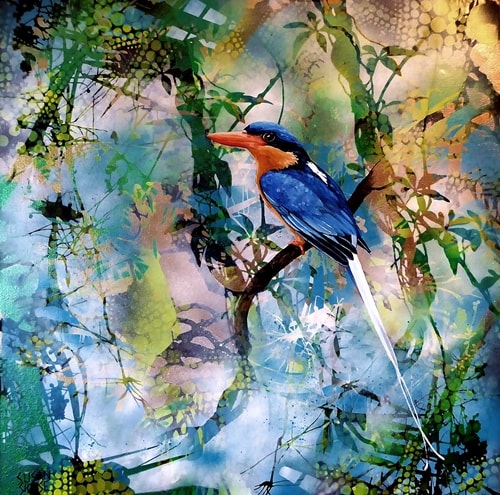 “Forest Gem” (Buff Breasted Kingfisher) Lithographic Ink, Aerosol and Oil on Canvas, 60cm x 60cm by artist Susan Skuse. See her portfolio by visiting www.ArtsyShark.com