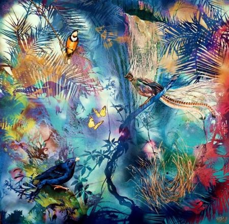 “Rainforest Dream” Lithographic Ink, Aerosol and Oil on Canvas, 100cm x 100cm by artist Susan Skuse. See her portfolio by visiting www.ArtsyShark.com