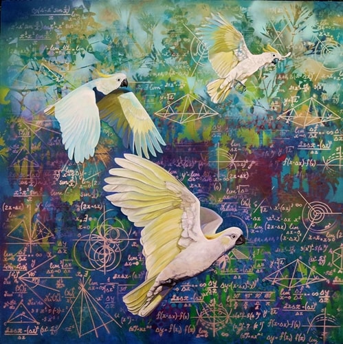 “Learning to Fly” (Sulphur Crested Cockatoos) Lithographic Ink, Aerosol and Oil on Canvas, 100cm x 100cm by artist Susan Skuse. See her portfolio by visiting www.ArtsyShark.com