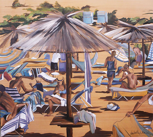 "Beach With Blue Towels" Oil on Wood, 47" x 43" by artist Isabella Monari. See her portfolio by visiting www.ArtsyShark.com