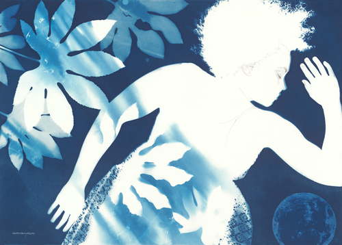 "Between Dreaming and Dawn" Cyanotype Double Exposure with Collage and Graphite, 41" x 29.5" by artist Linda Clark Johnson. See her portfolio by visiting www.ArtsyShark.com