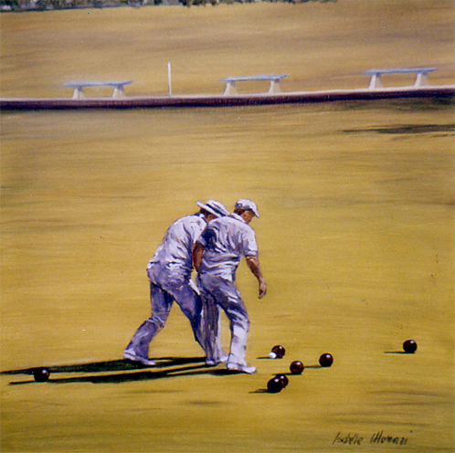"Bocce the 2 Players" Oil on Canvas, 24" x 24" by artist Isabella Monari. See her portfolio by visiting www.ArtsyShark.com