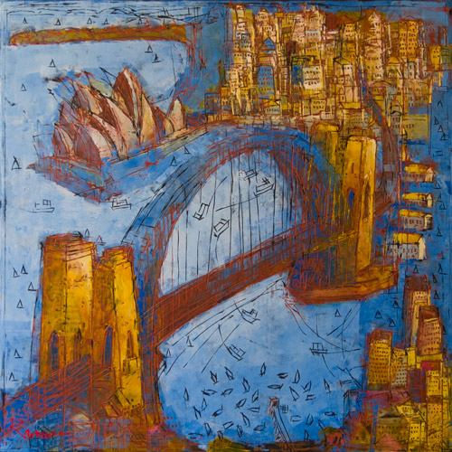 “Sydney Dawn” Oil on Linen, 60cm x 60cm by artist Ken Rasmussen. See his portfolio by visiting www.ArtsyShark.com