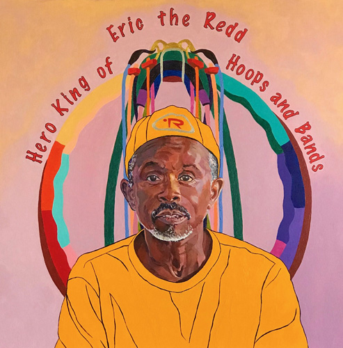 “Eric the Redd—Hero King of Hoops and Bands” Acrylic on Canvas, 24" x 24" by artist Betzi Stein. See her portfolio by visiting www.ArtsyShark.com