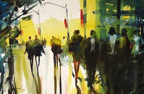 "Evening on 16th" Watercolor on Paper, 19" x 12" by artist Steve Griggs. See his portfolio by visiting www.ArtsyShark.com