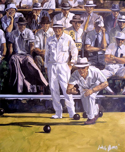 "Everybody to the Bocce Match" Oil on Canvas, 28" x 34" by artist Isabella Monari. See her portfolio by visiting www.ArtsyShark.com