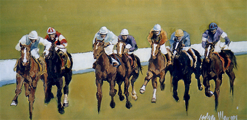"Horse Race of 7" Oil on Canvas, 43" x 24" by artist Isabella Monari. See her portfolio by visiting www.ArtsyShark.com