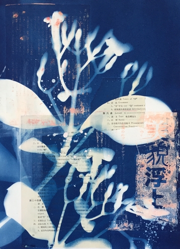 "Kahaku Makani" Cyanotype with Collage and Acrylic, 11" x 15" by artist Linda Clark Johnson. See her portfolio by visiting www.ArtsyShark.com