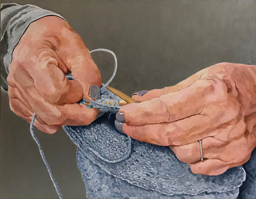 “Knitter’s Hands” Acrylic on Canvas, 28" x 22" by artist Betzi Stein. See her portfolio by visiting www.ArtsyShark.com