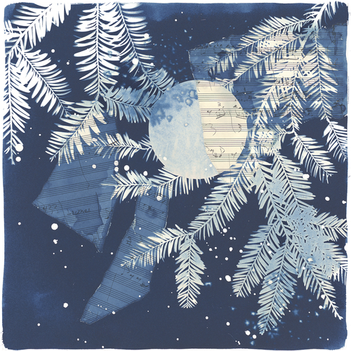 "Longstock Moon" Cyanotype with Collage, 14" x 14" by artist Linda Clark Johnson. See her portfolio by visiting www.ArtsyShark.com