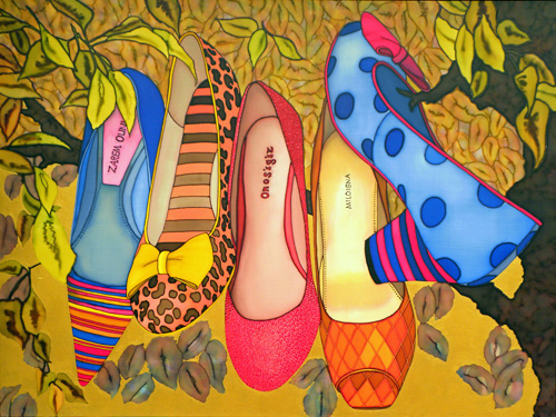 "Shoe Tree" Silk Painting, 40" x 30" by artist Maureen Walker. See her portfolio by visiting www.ArtsyShark.com