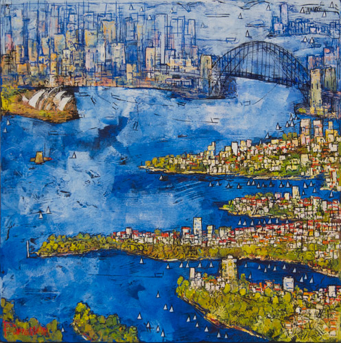 “Lives In Blue” Oil on Canvas, 61cm x 61cm by artist Ken Rasmussen. See his portfolio by visiting www.ArtsyShark.com