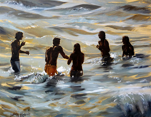 "Playing in the Sea in Backlight" Oil on Canvas, 27" x 20" by artist Isabella Monari. See her portfolio by visiting www.ArtsyShark.com