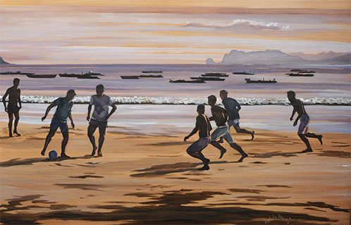 "Soccer Match of 7" Oil on Wood, 73" x 47" by artist Isabella Monari. See her portfolio by visiting www.ArtsyShark.com