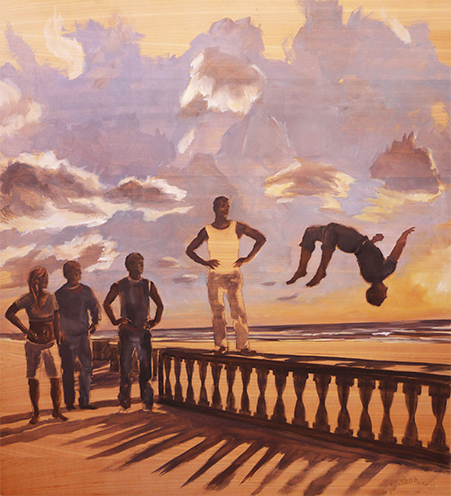 "The Jump" Oil on Wood, 45" x 49" by artist Isabella Monari. See her portfolio by visiting www.ArtsyShark.com